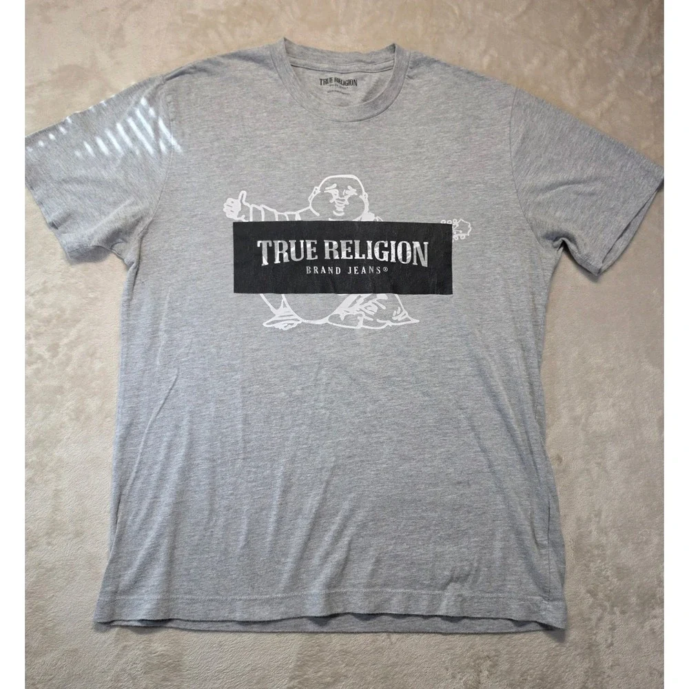 True Religion Mens Buddha Logo Graphic T-Shirt Gray Short Sleeve Medium